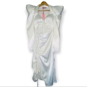 NWT Nicole Lynel Ivory Silky Satin Puff Sleeve Bodycon Front Cutout Dress Size S